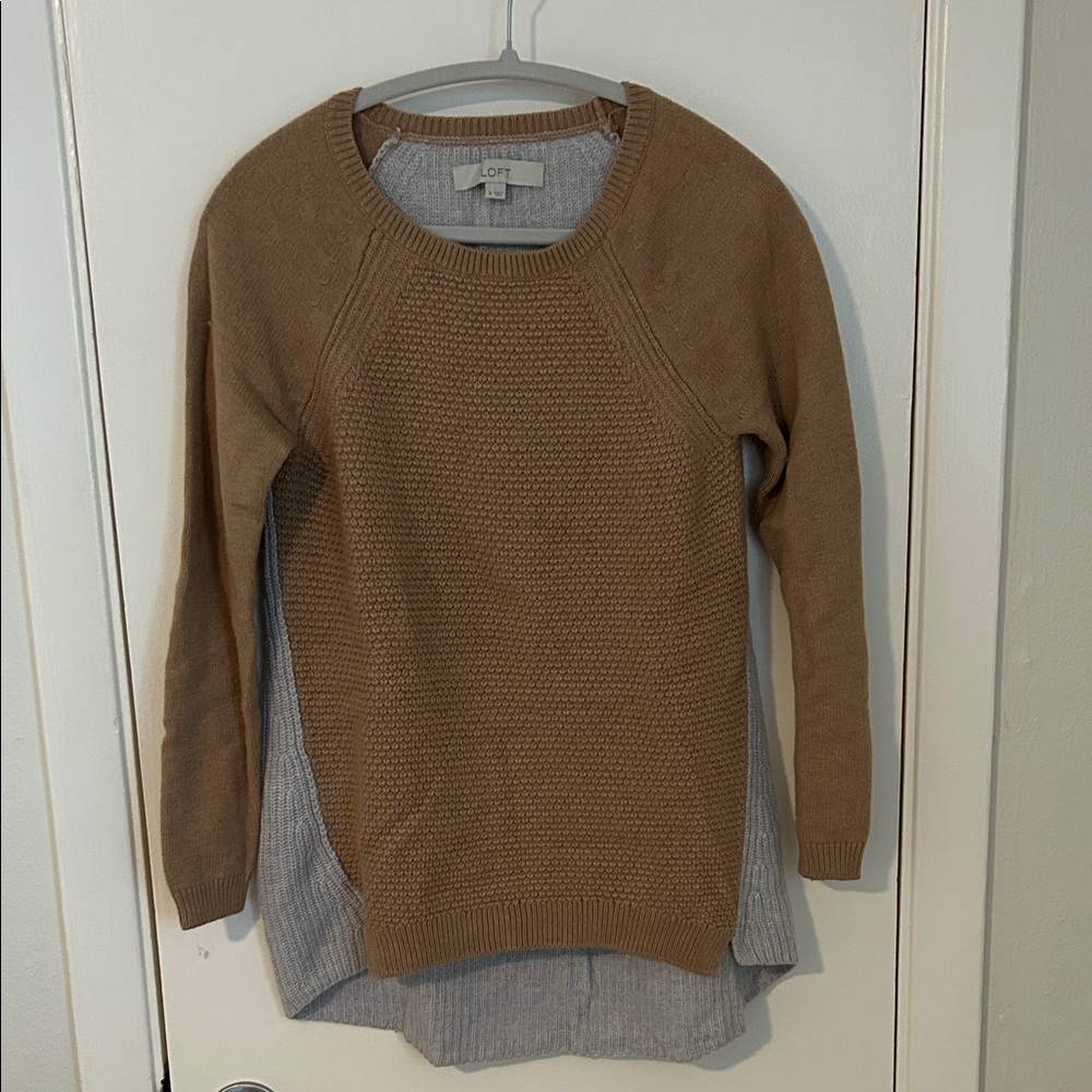 LOFT Camel and Gray Crew Neck Sweater